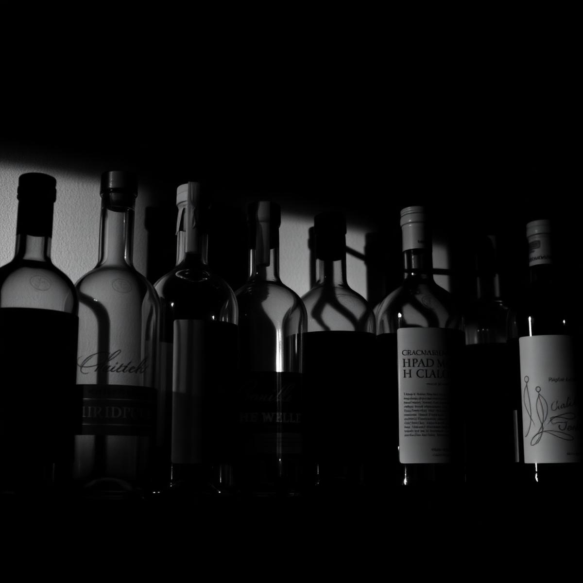 Backlit row of spirit bottles on a shelf